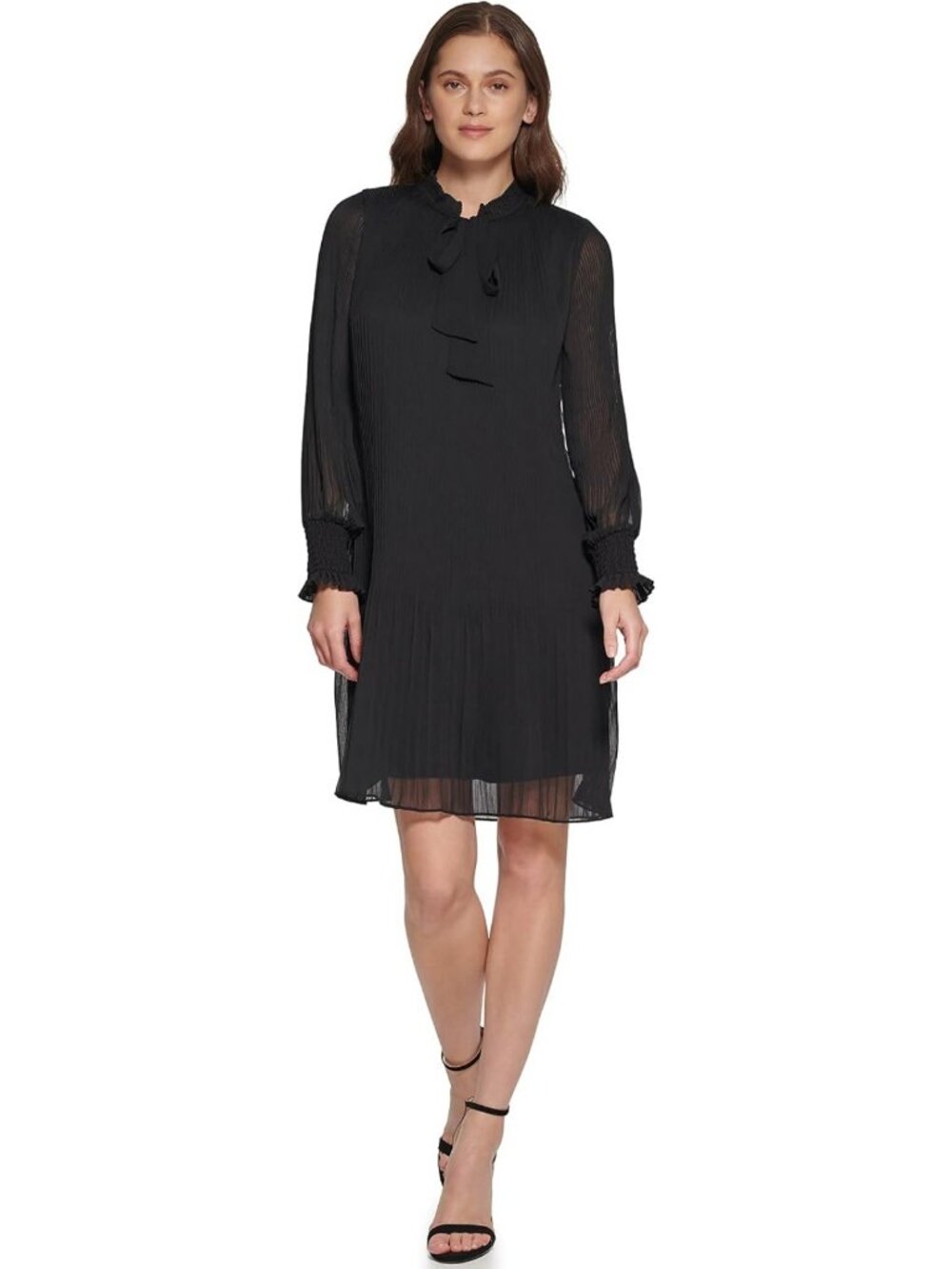 Chic Long Sleeve Tie Neck Pleated Dress for Women - Perfect for Any Occasion